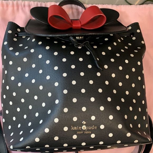 Kate Spade New York Minnie Mouse Drawstring Flap Backpack Black Dot Bow - Picture 3 of 13